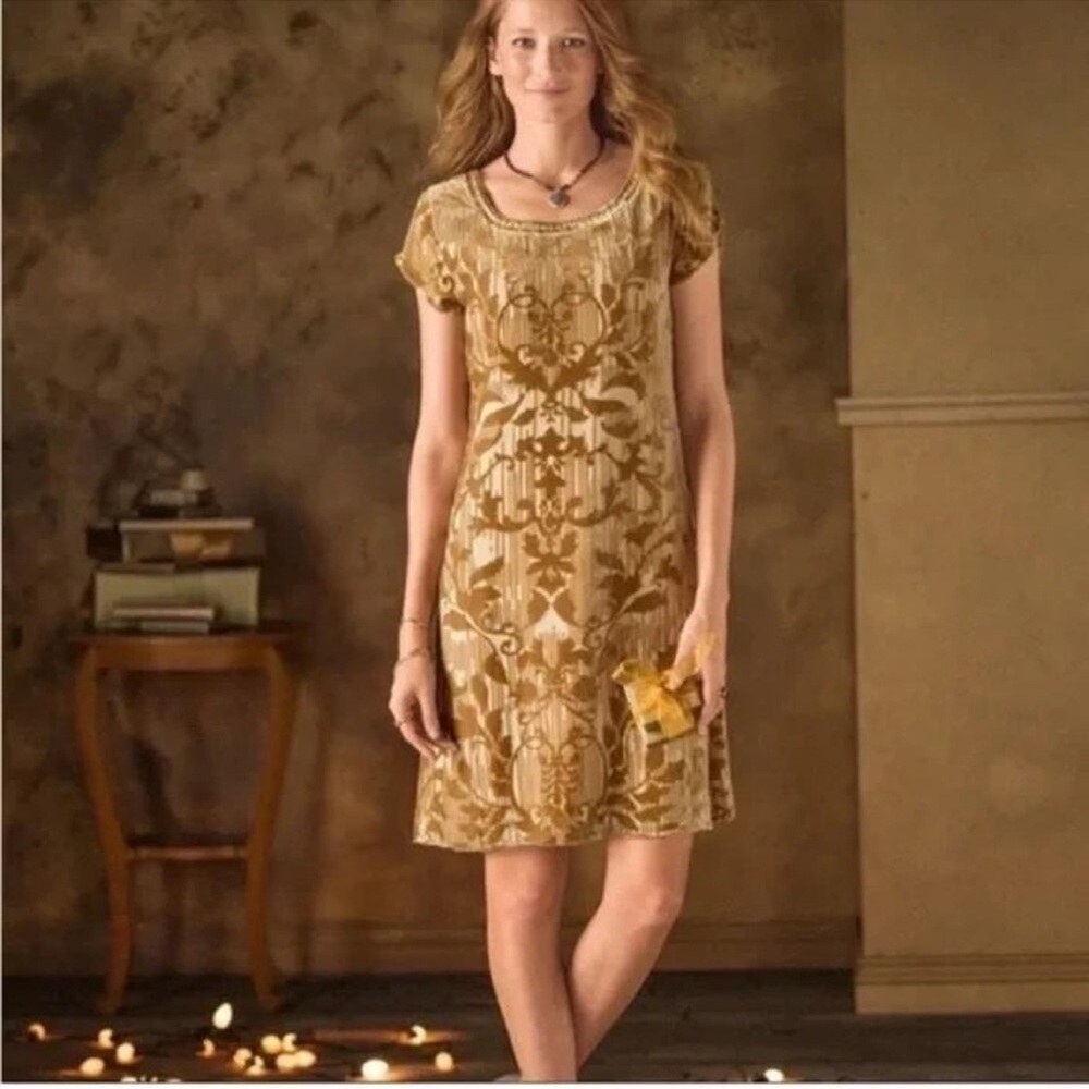 Sundance Silk Velvet Burnout Vineyard Beaded Sheath Dress Champagne 10